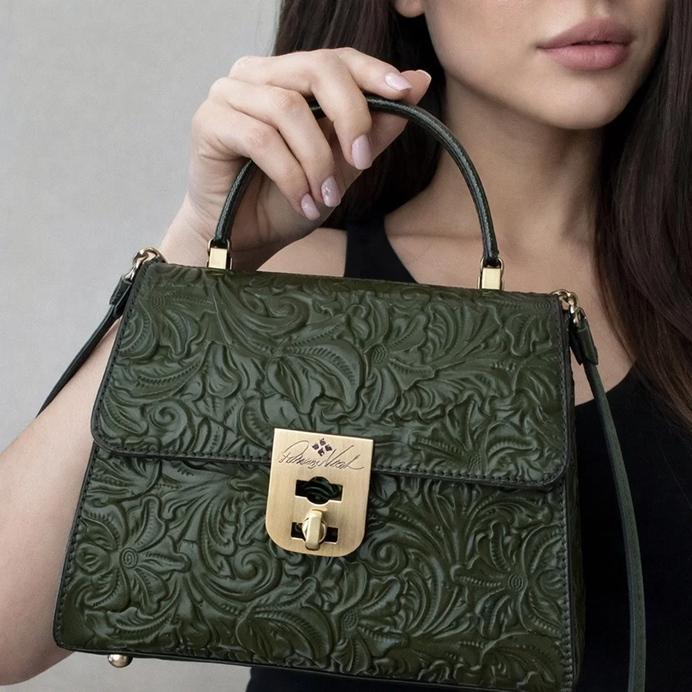 Patricia Nash BRNTL Leather Tooled Chauny Soft Olive Green Crossbody Top Handle